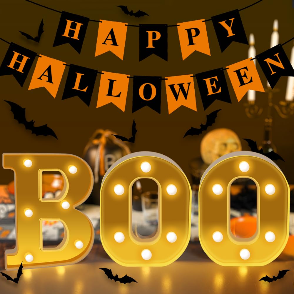 Vanleonet Halloween Decorations,Halloween Table Decorations, Halloween BOO Decorations+24 PCS 3D Bats Wall Stickers+Happy Halloween Banners for Home Indoor Outdoor Party Decor