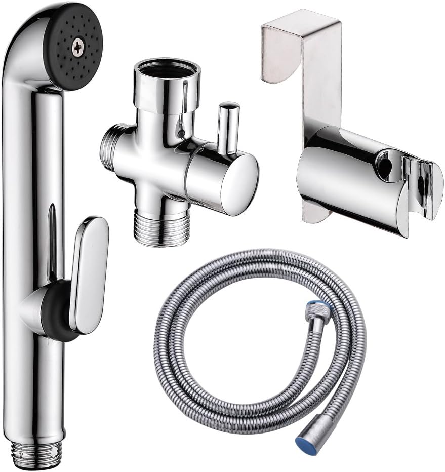 Handheld Bidet Sprayer Shattaf Cloth Diaper Sprayer for Toilet Attachment with Adjustable Water Pressure Control Shut-off Brass T- Valve ABS (Chrome)