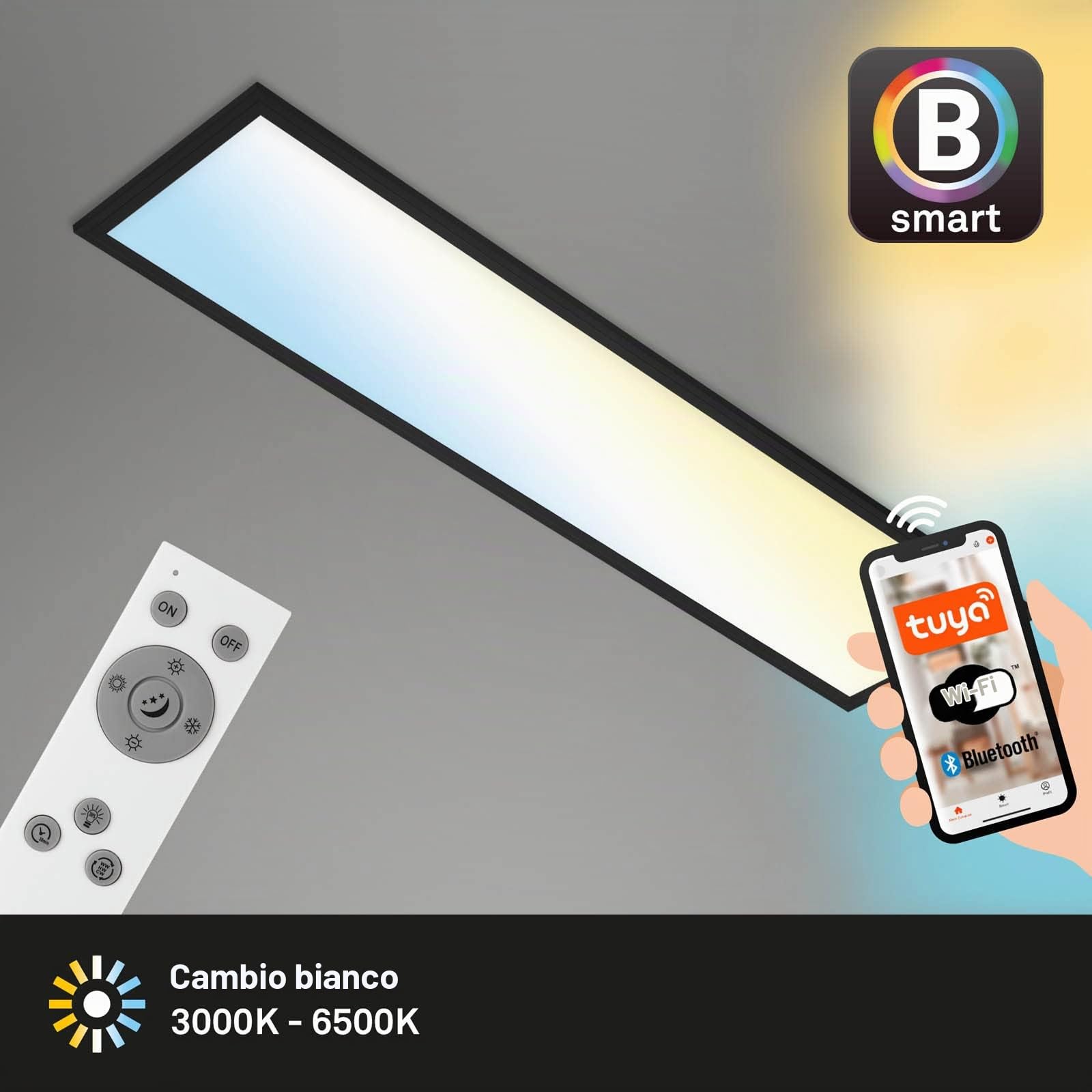 BRILONER - Lampada da soffitto Smart LED, lampada da soffitto Wifi Ultra Flat, CCT, dimmerabile, controllo vocale, nero, 1000x250x66 mm