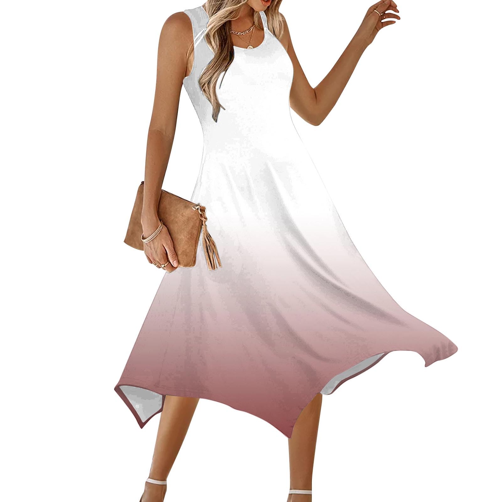 Summer Midi Dresses for Women Fashion Gradient Sleeveless Tank Dress Casual Crewneck Irregular Hem Flowy Sundresses(B- Red,Medium)