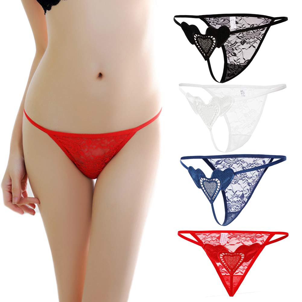 VicSec 4 Pack Braguitas Mujeres Sexy Encaje Fina, Erótica Tanga Suave G-String Atractiva Lencería Interior Espalda Decora Corazon Talla Única (Negro+Blanco+Rojo+Azul)
