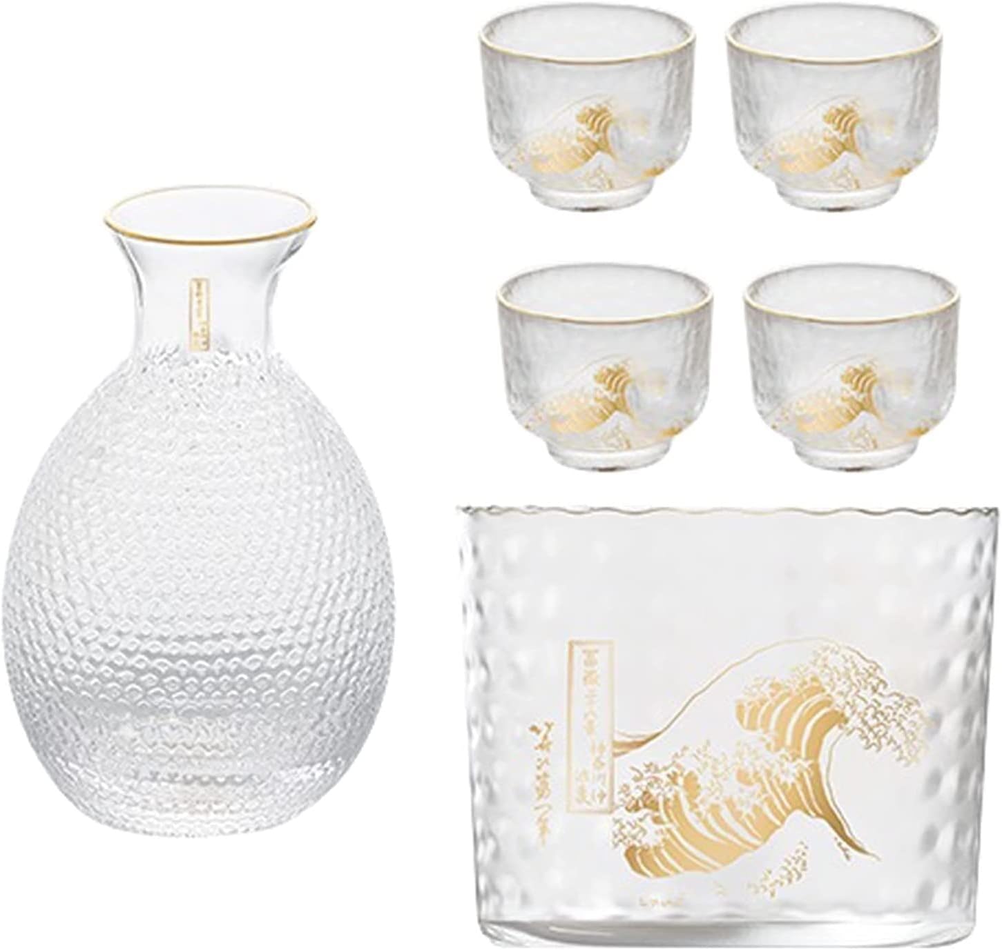 Japanese Sake Set for 4 Glass Hammer Pattern in Golden Trim 1 Cyrstal Clear Sake Bottle 1 Sake Tank and 4 Sake Cups Cold/Warm/Hot Sake Carafe Special Japanese Gifts Set - 6 pcs