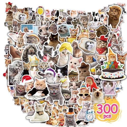 300 Pcs Funny Cat Stickers for Water Bottles | Kawaii Pack | Cute Waterproof Vinyl for Kindle, Luggage, Guitar, Laptop | For Kids, Girls, Teens, Toddlers, Adults