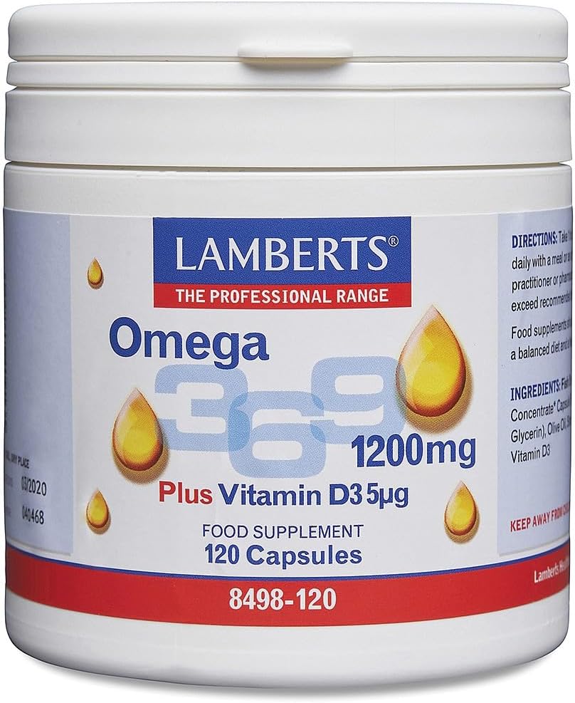 Lamberts Omega 3 6 9 – 1200mg with EPA, DHA, GLA & Oleic Acid – Plus Vitamin D – 120 Capsules