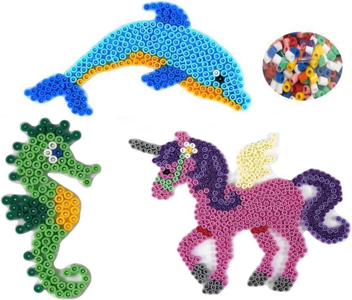 Hama Stiftplatte Set (300 Delphin, 313 Seepferd, 315 Einhorn) + 100 Bunte Bügelperlen