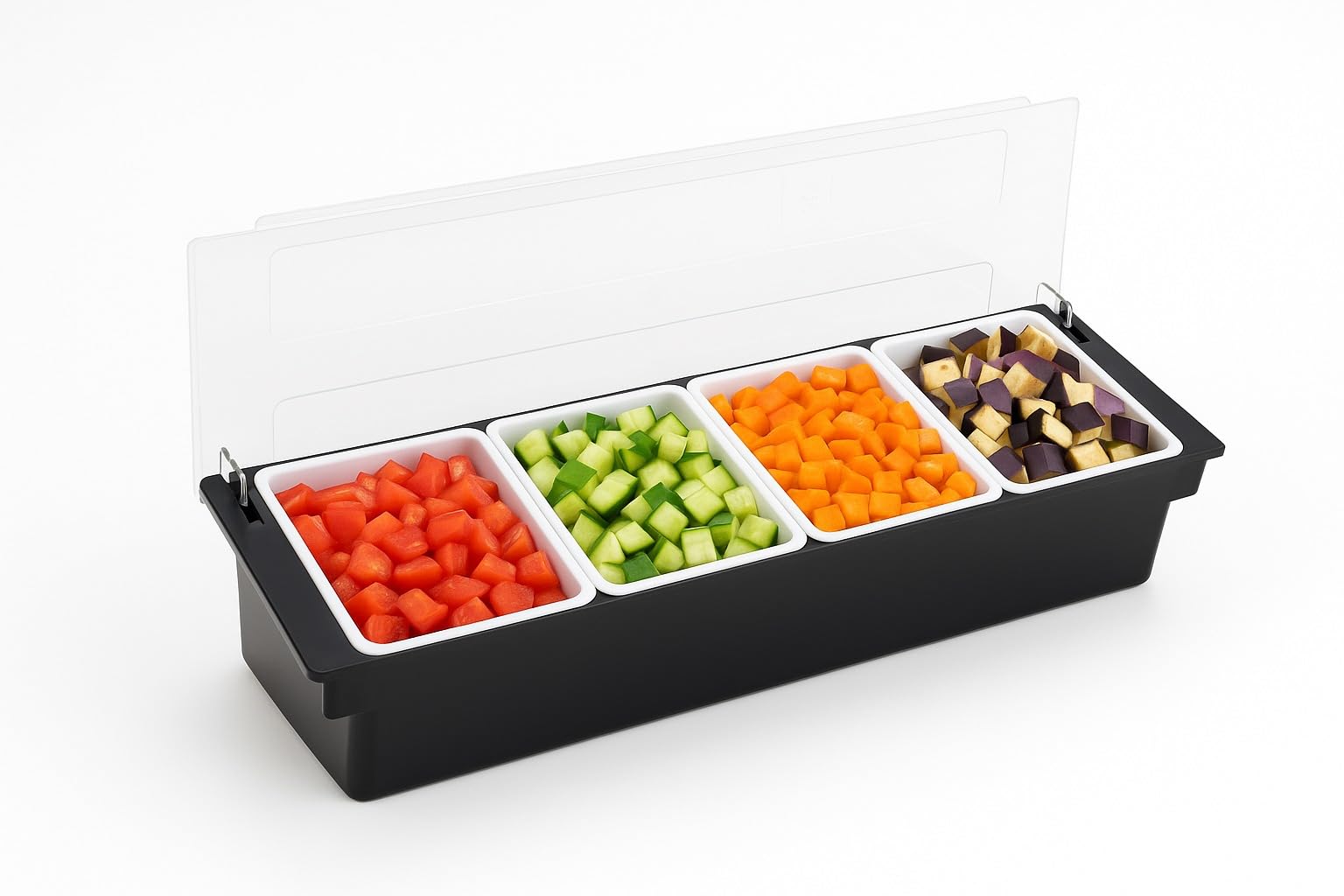 GURUBHAI EQUIPMENTS 4-Compartment Condiment Dispenser with Lid | Salad Bar Container for Restaurant, Buffet, Catering & Home Use | Food Prep Station Organizer with Removable Containers