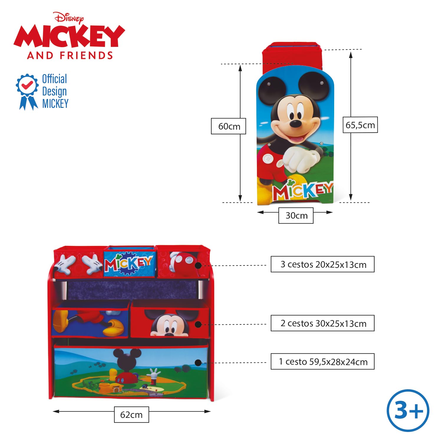 ARDITEX WD14007 Organizador de Madera (62x30x60cm) con 6 cestos Textiles de Almacenamiento de Disney-Mickey