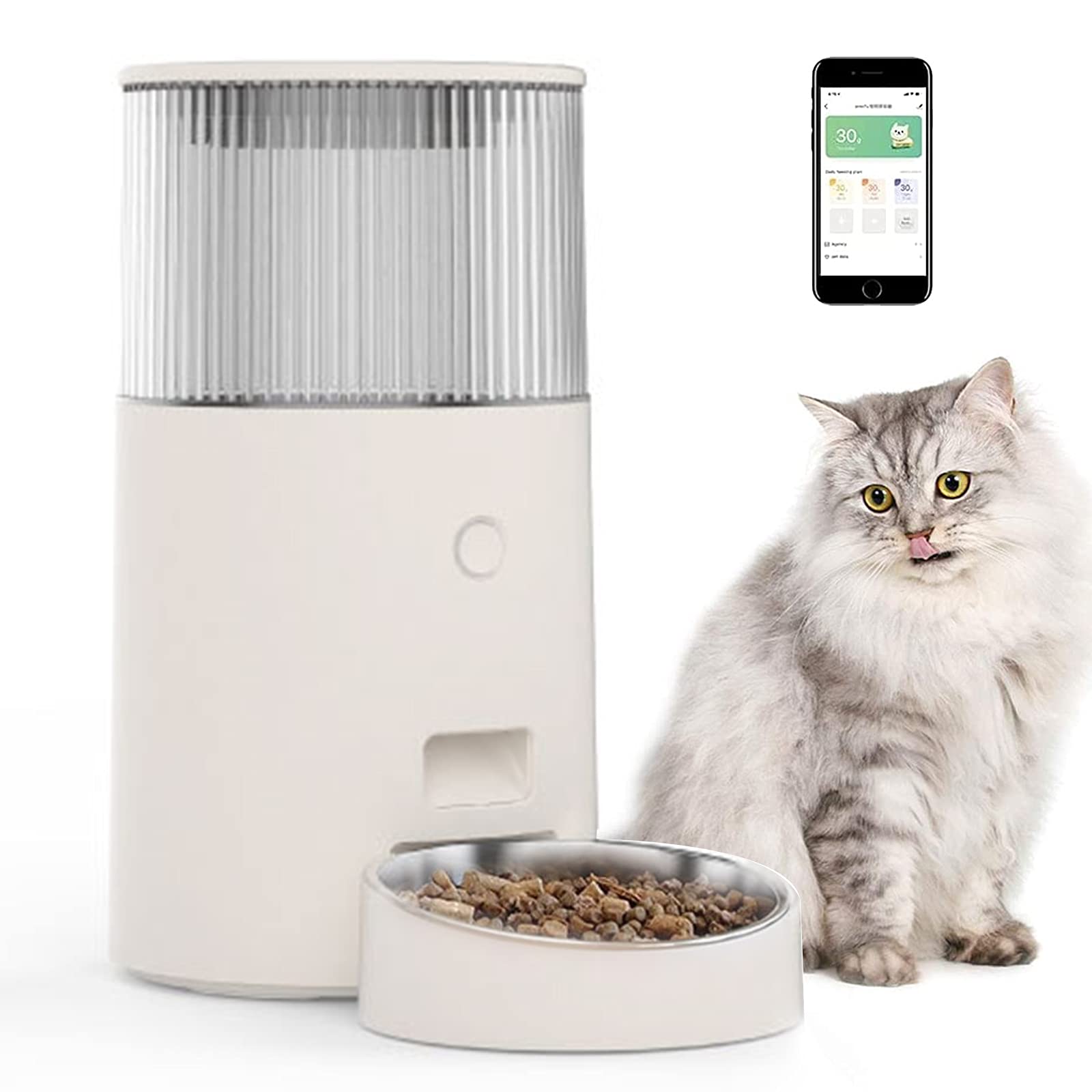2.5L Distributore Automatico di Cibo per Gatti, Cani,con Ciotola in Acciaio Inossidabile, Controllo Remoto da App, con Controllo della Porzione,Timer Programmabile Fino