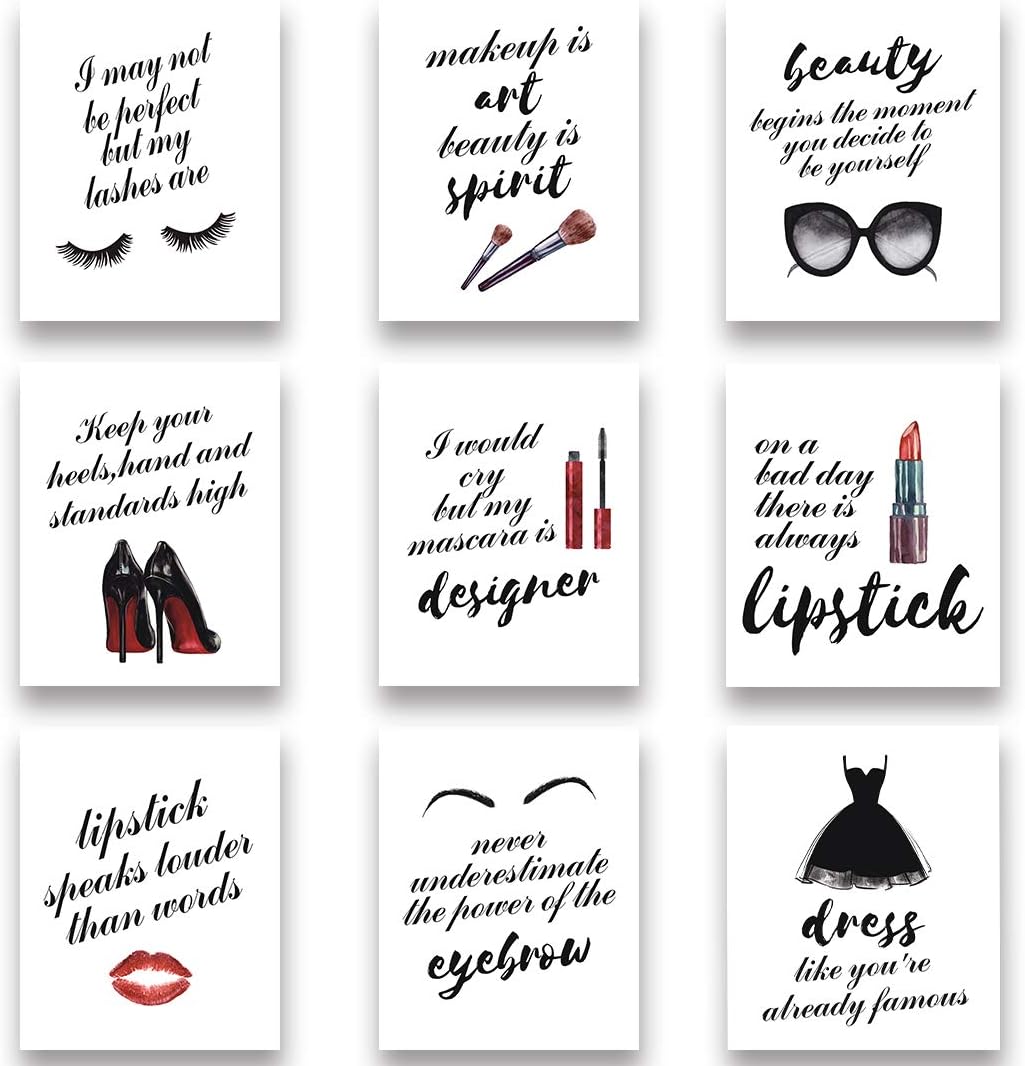 HPNIUB Fashion Inspirational Art Print Makeup Art Set of 9 (8”X10” Canvas Fashion Women Painting,Motivational Phrases Art Poster for Women or Girls Room Home Decor,No Frame