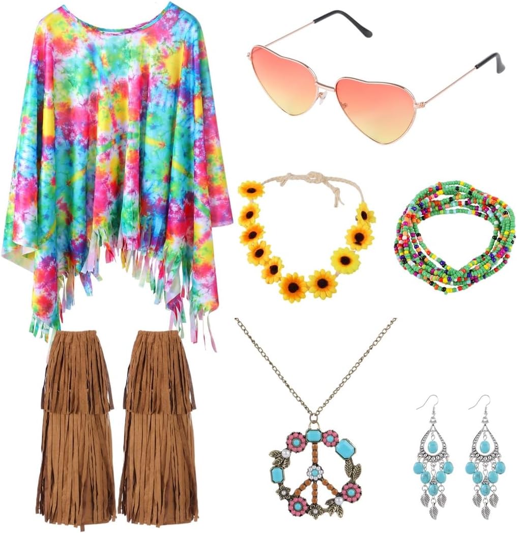 7 Pcs Hippie Costume for Women, Vintage 60s 70s Outfit, Tie Dye Poncho, Fringe Boot Covers, Sunglasses Turquoise Earrings, Peace Sign Necklace, Flower Headband
