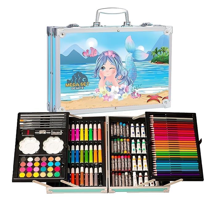 Eduwation 145 Pieces Art Set for Kids with Mermaid Theme Storage Case | Art and Craft Supplies Kit | for Drawing and Painting with Oil Pastel/Water Color/Color Pencils (Pack of 1)