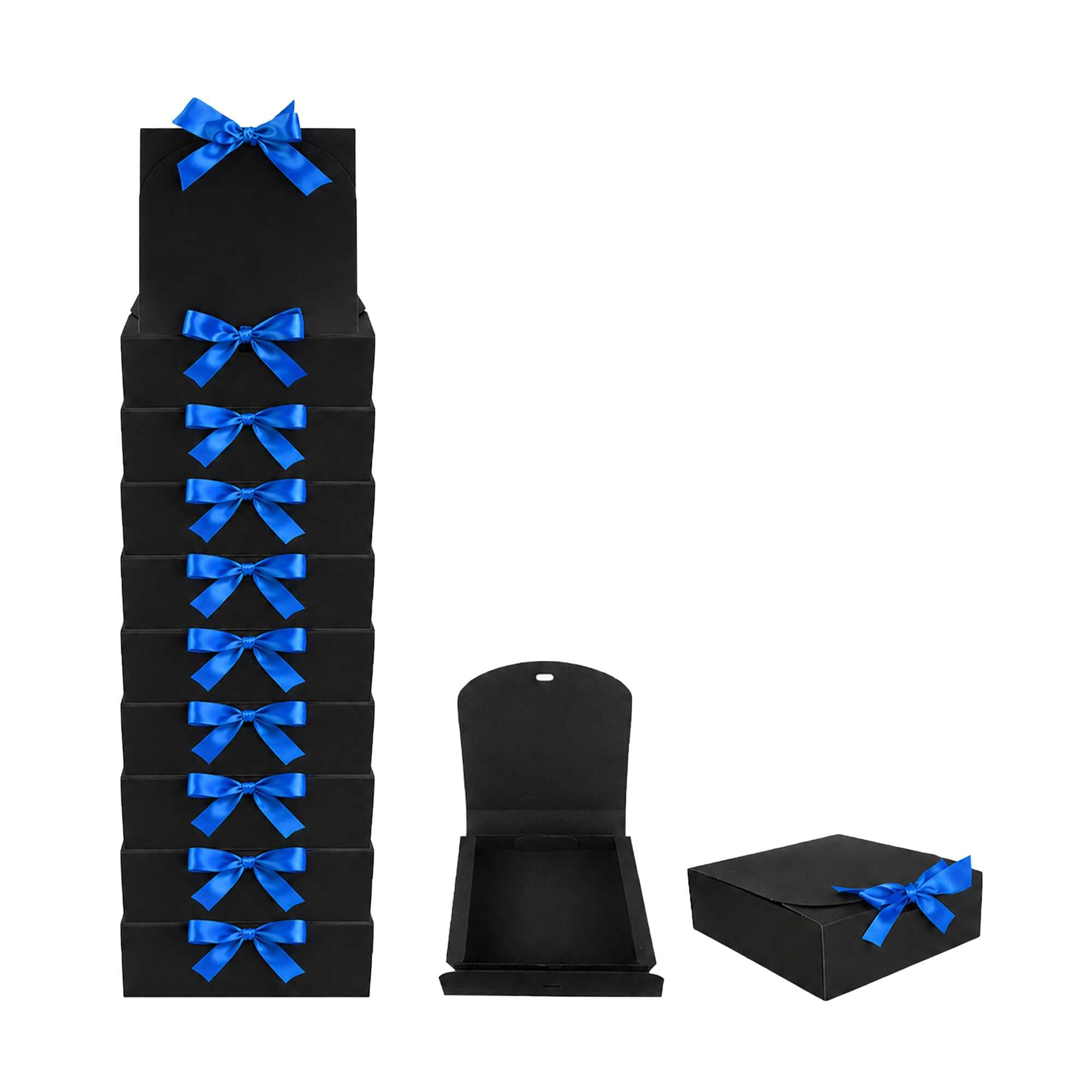 Emartbuy Black Kraft Gift Box with Dark Blue Ribbon – 16.5 x 16.5 x 5 cm – Fits Jewellery, Soap Bars & Small Candles – Birthdays Weddings Christmas Corporate Gifting Trade Wholesale – Pack of 12