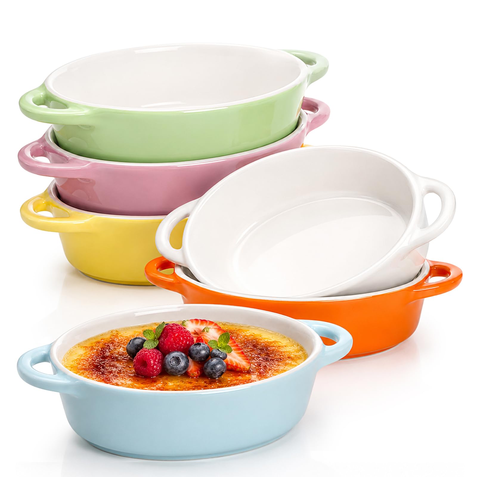 Foraineam 6 kolorów owalne porcelanowe ramekiny 295 ml bezpieczny w piekarniku kremowy brulee suflet pieczenie ramekin miska do naczyń z podwójnymi uchwytami