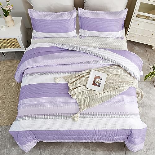 Litanika Lavender Comforter Set King - 3 Pieces Lightweight Lavender Purple White Colorblock Stripe Fluffy Bedding Comforter Sets, All Season Bed Set