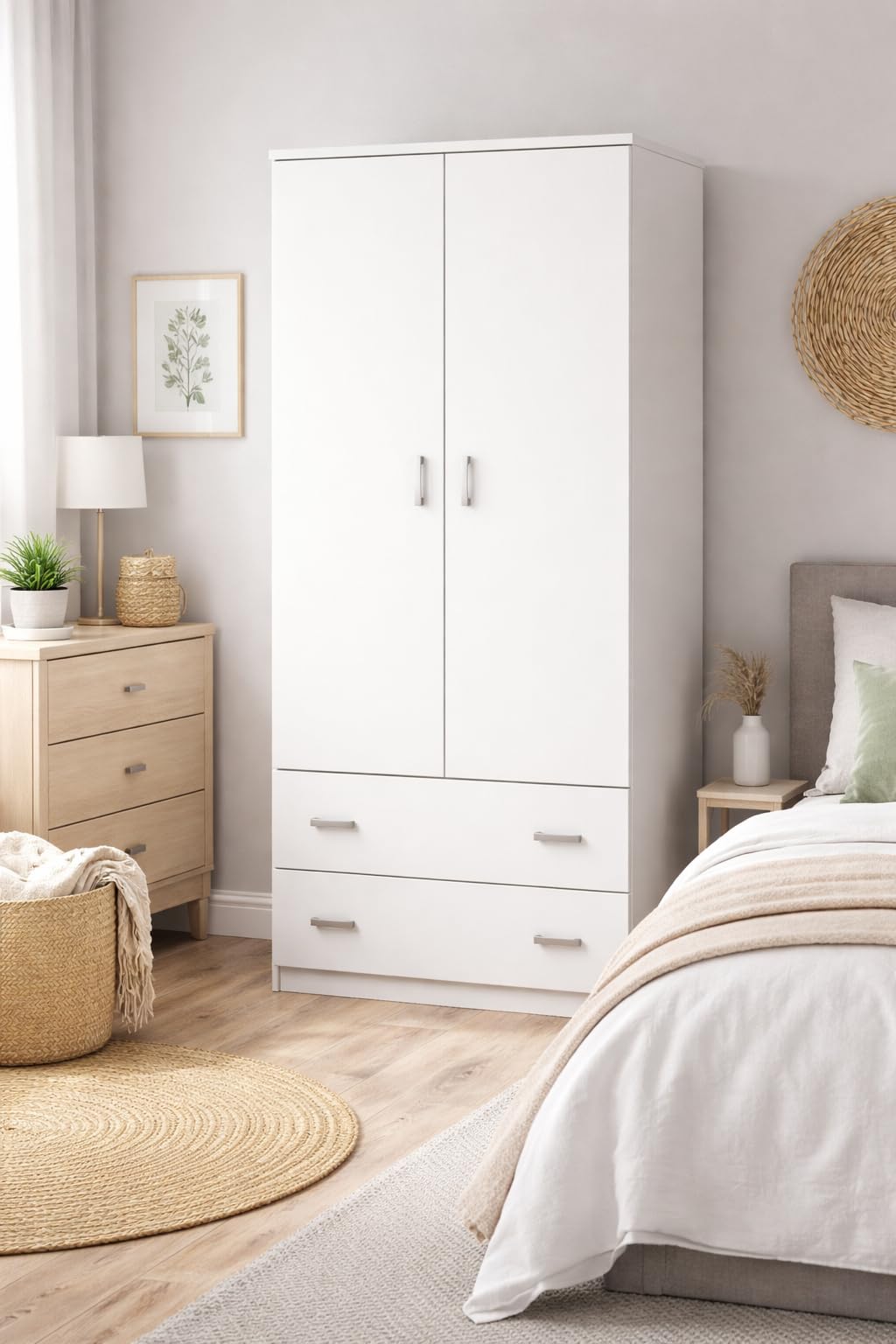 Armario Ropero Blanco de 2 Puertas con 2 Cajones, Moderno y Espacioso para Dormitorio, Organizador de Ropa y Almacenaje 180x74x52 (AltoxAnchoxFondo)