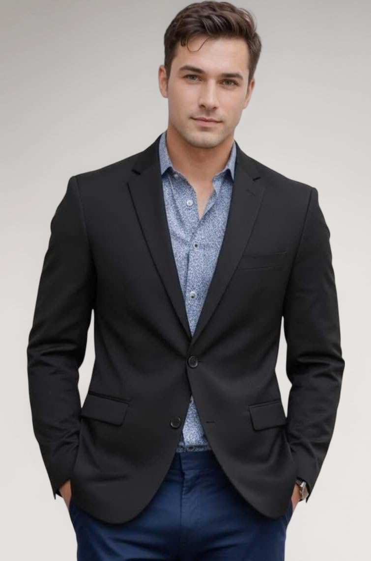 Men Cotton Blend Solid Single Breasted Blazer with Notched Lapel, | Stylish Full Sleeves, Button Closure, Regular Fit Formal Blazer for Mens (Black)