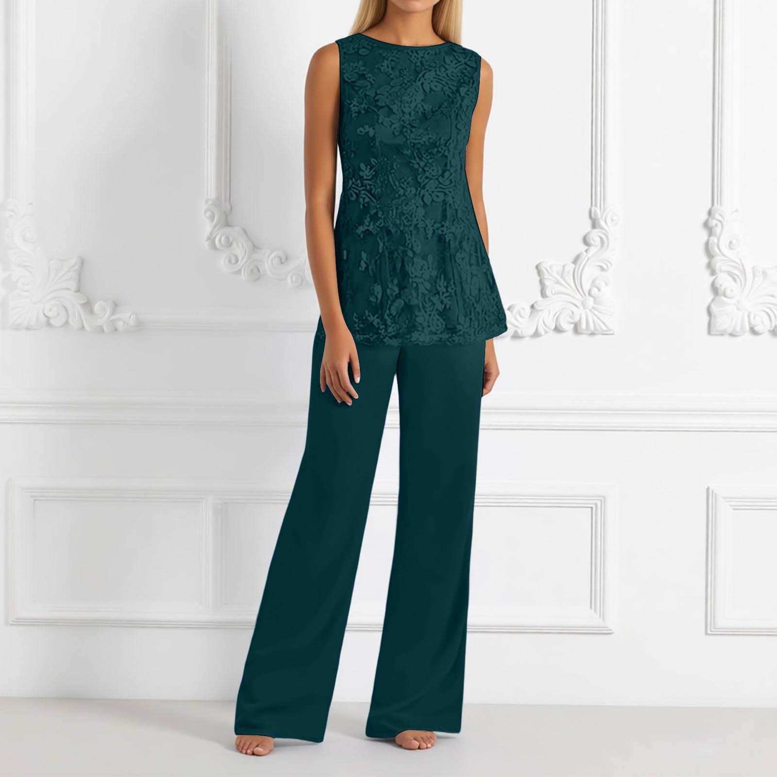 Generisch 2026 Neuheiten Spitzen Oberteile Damen Elegante Brautjungfern-Partykleidung: Lange Ärmelhose Chiffon mit Blumenmuster, stilvolles bequemes Gästeoutfit in großen Größen.