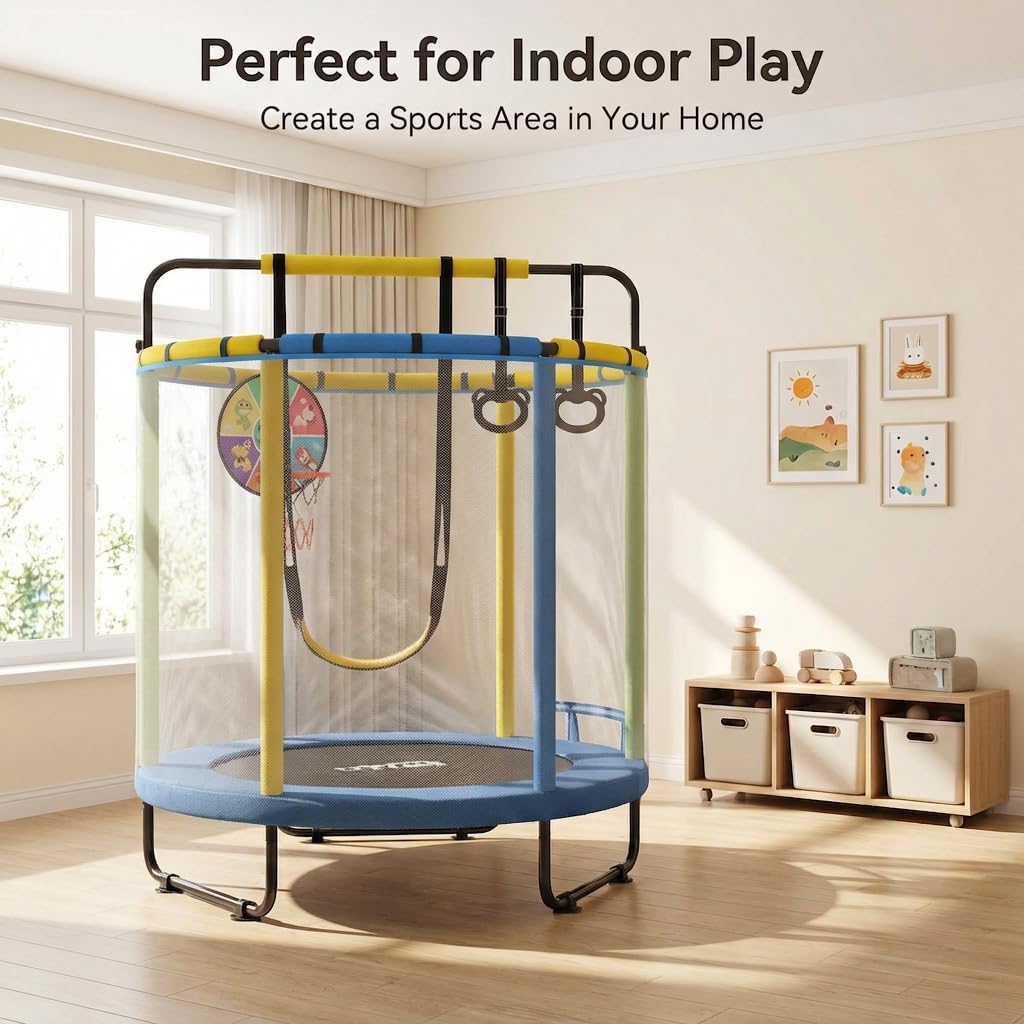 Trampoline intérieur pour enfants, avec panier de basket, balançoire, anneau de traction, convient intérieur et extérieur, cadeau anniversaire