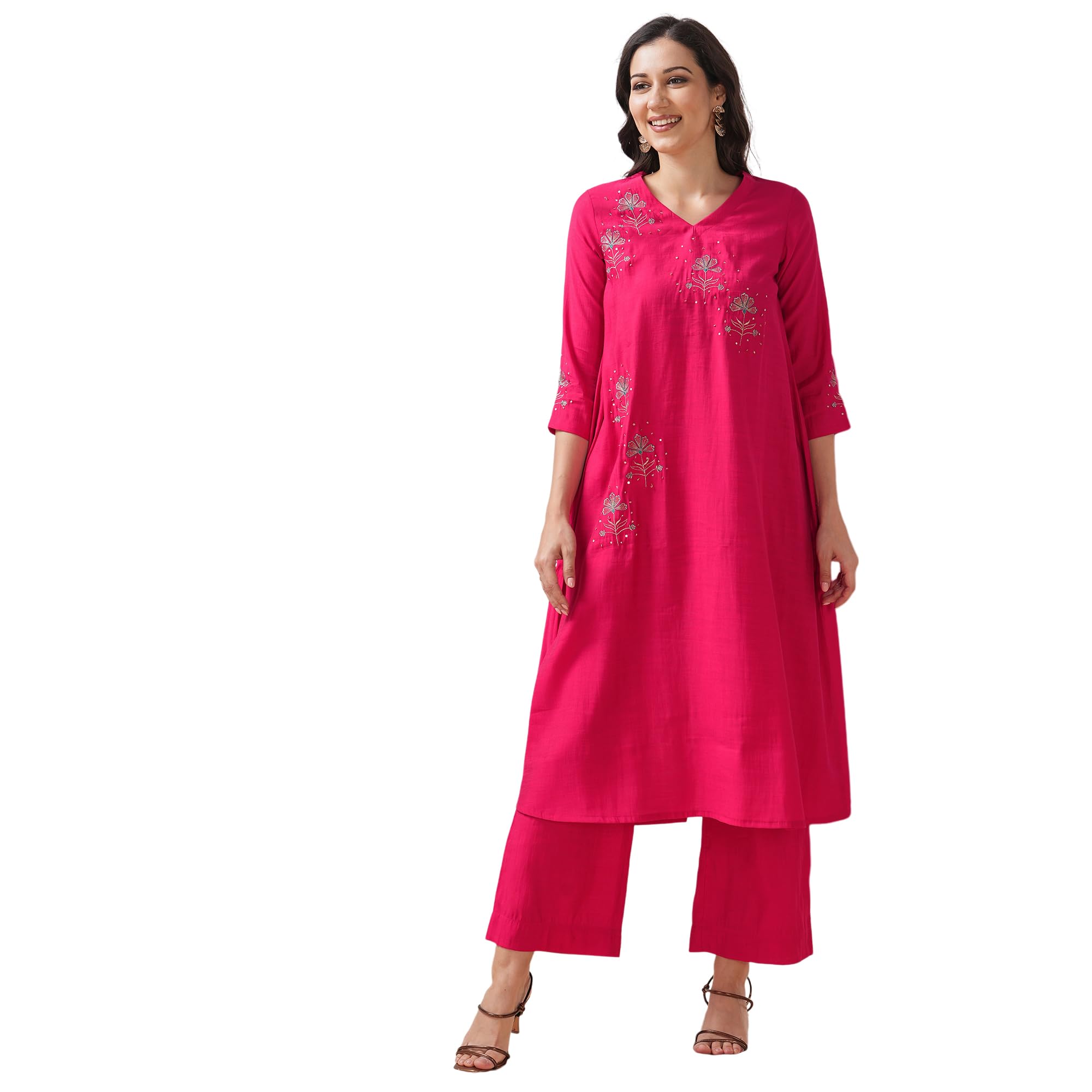 A tent fit kurta set with placement embroidery on the front and sleeves, paired with palazzo.-image-7