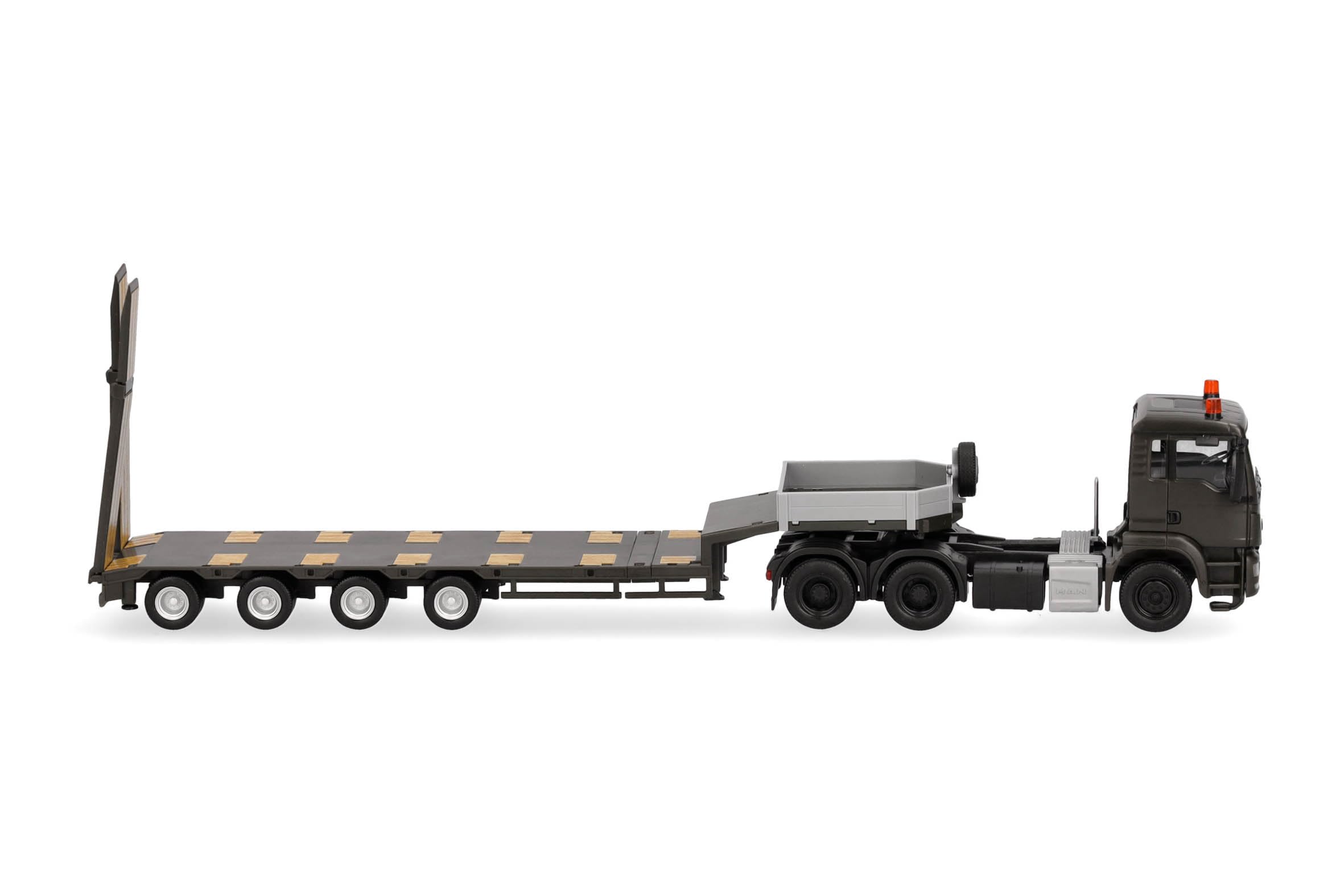 Herpa model ciężarówki MAN TGS M naczepa niskopodwoziowa "Siły Zbrojne Serbii (Serbia)", miniatura w skali 1:87, model kolekcjonerski, wyprodukowano w Niemczech, tworzywo sztuczne