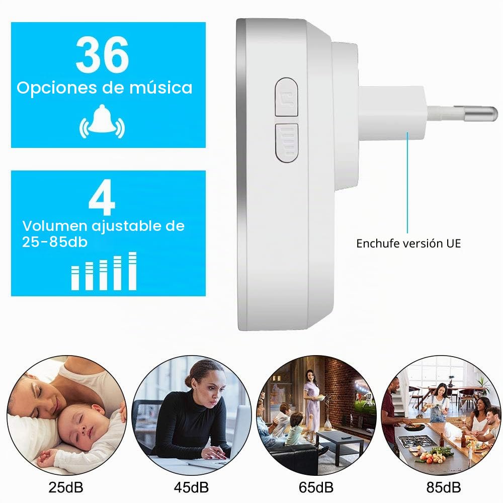 Timbre Inalámbrico Impermeable Timbres para Puerta, Receptor y 1 Transmisor, 4 Volumen Ajustable, 36 Melodías Ajutables, Alcance a 300m, Timbre de Puerta para Interior y exterio (Blanco)
