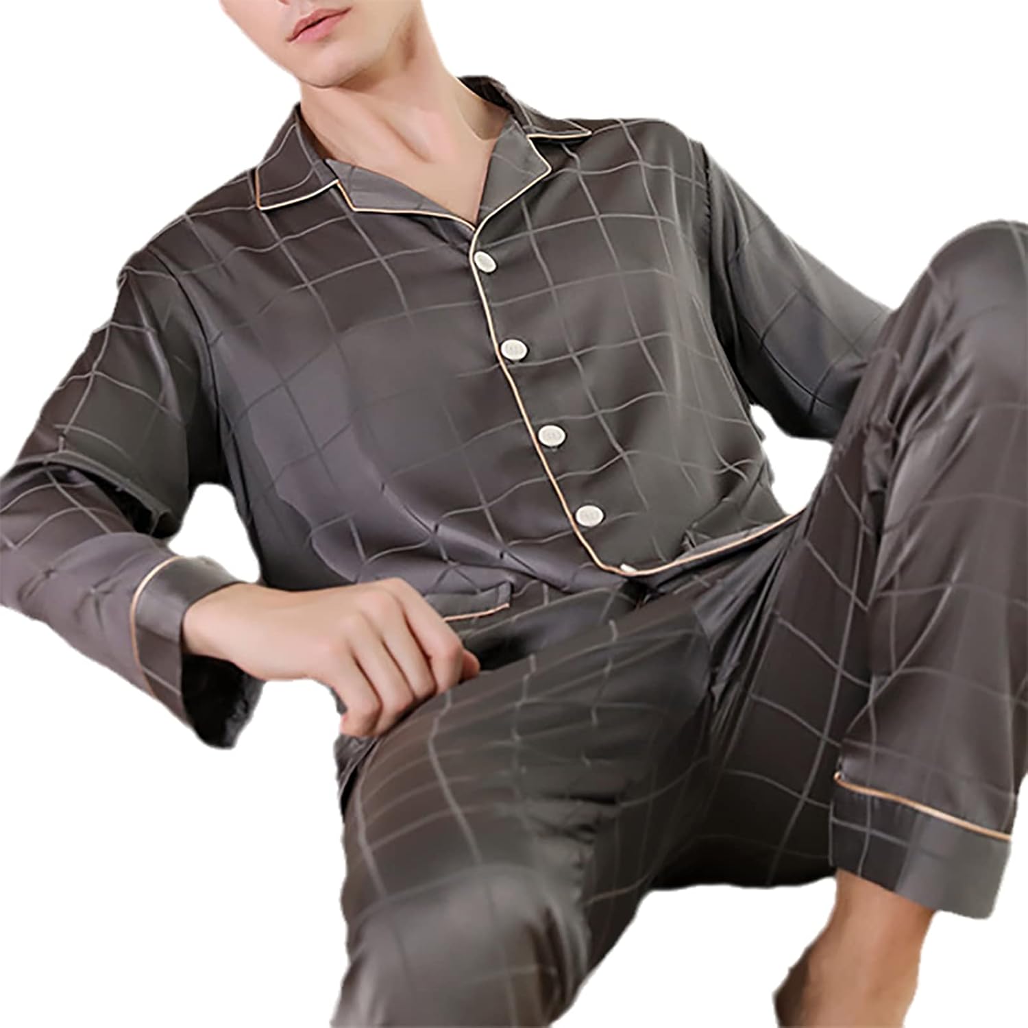 YYZKYTO Silk Pyjamas Set,Long Sleeve Sleepwear Plaid Top & Pants Satin Loungewear Set Dressing Gown Nightgown with Pockets for Men