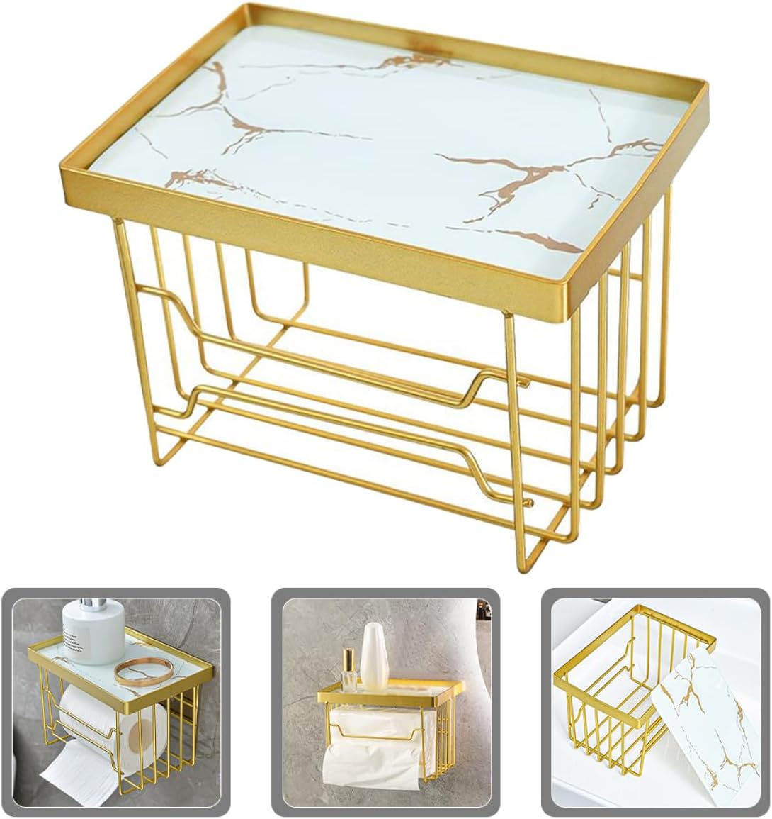jojofuny Wall Mounted Paper Towel Holder Bathroom Tissue Storage Box Marble Pattern Iron Art No-Drill Napkin Dispenser for Bathroom Organization