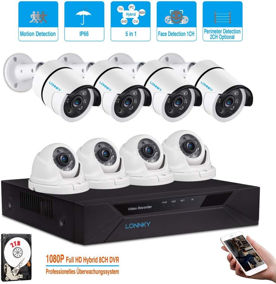 LONNKY 8CH Full HD 1080P DVR Security Camera System, 5-in-1 Surveillance DVR with 2TB Hard Drive and 2.0MP HD-TVI Security Bullet Dome Camera,Support Intelligent Face Detection, Perimeter Detection