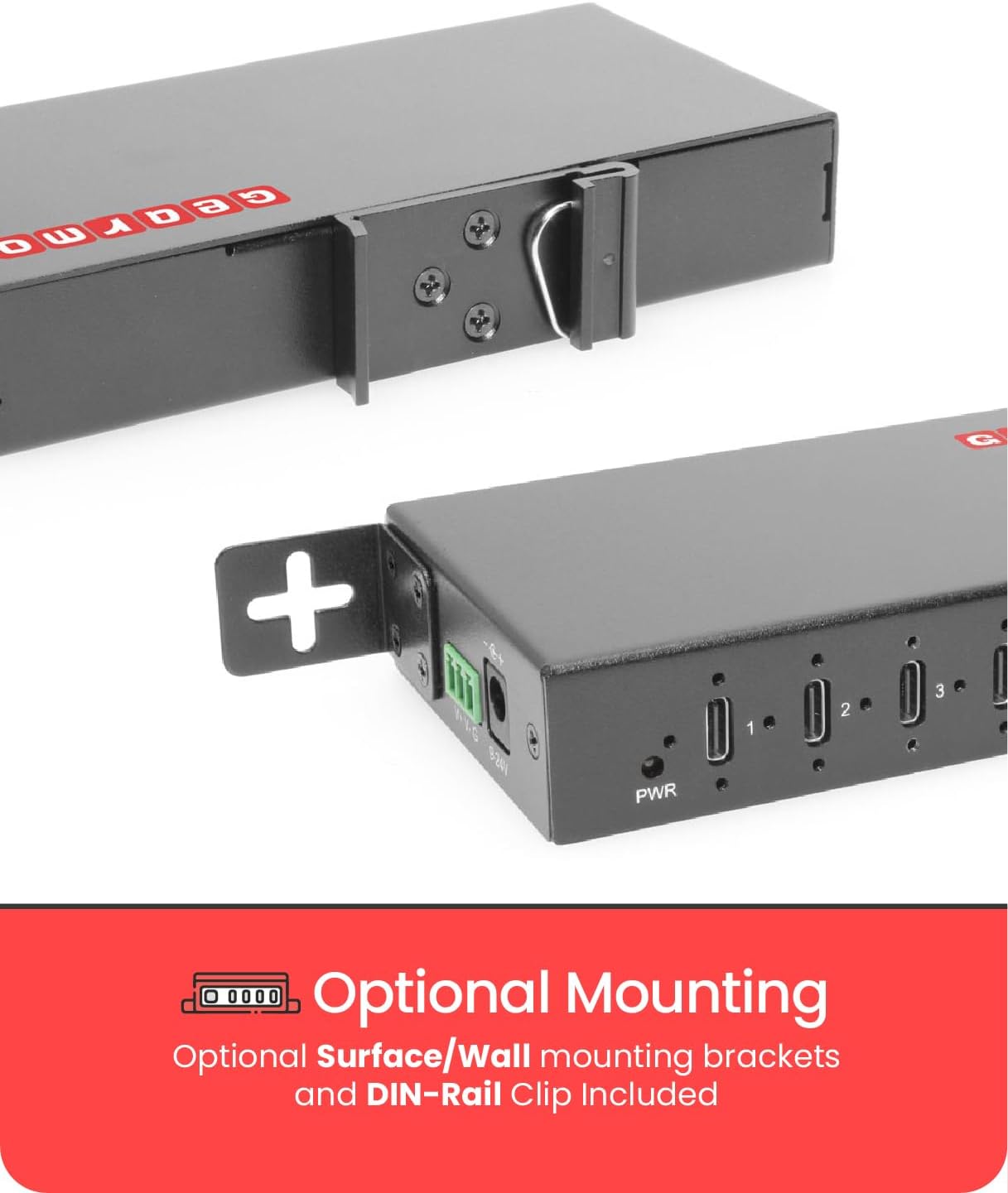 Gearmo 7 Port USB-C Hub - USB 3.2 Gen 2, 10Gbps, Secure Screw-Locking Ports, ESD Protection, Surface & DIN Mount