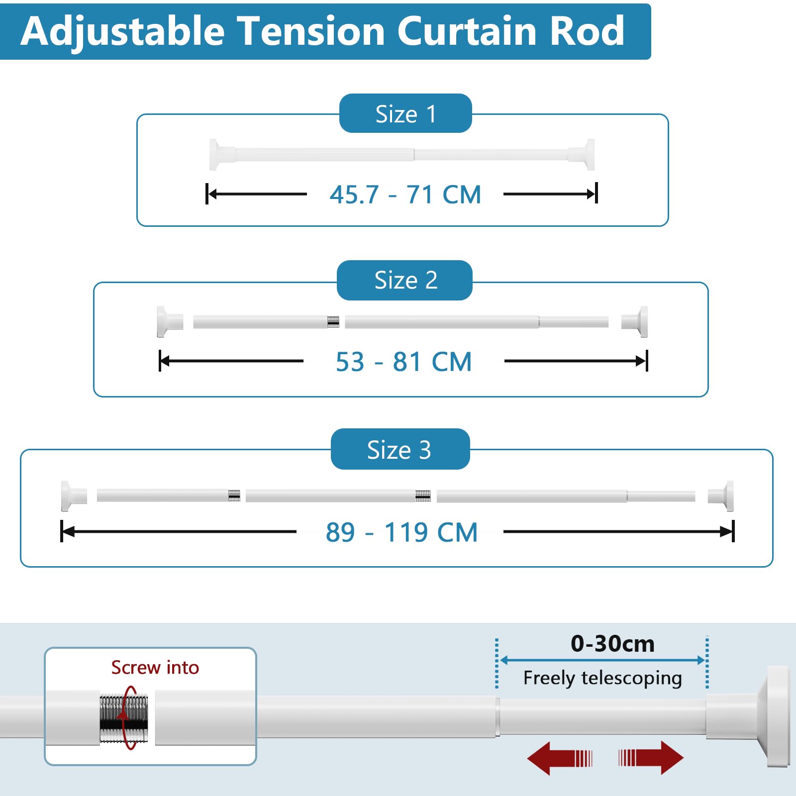 WELDUN Extendable Shower Curtain Rod, Curtain Tension Pole 48-118CM, No Drill Telescopic Curtain Pole - Image 4