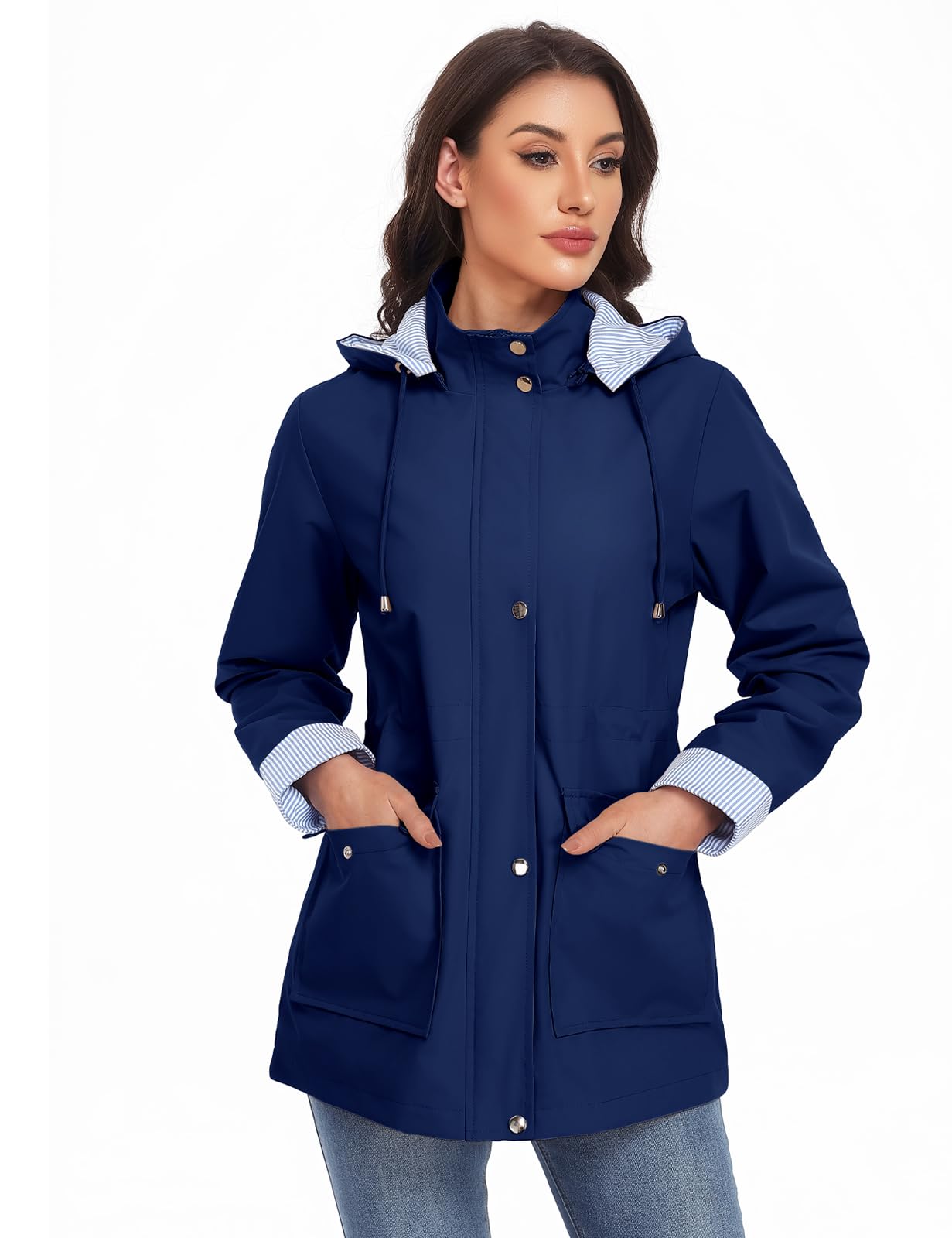 CMTOP Chubasquero Mujer Impermeable Chaqueta Largo Ligera Abrigo Transpirable Cortaviento con Capucha Parkas Casual Cremallera Raincoat Primavera Otoño para Exteriores