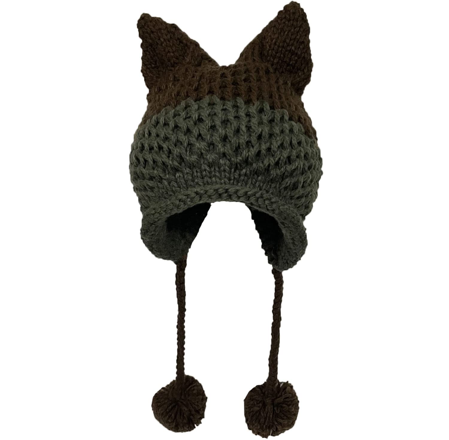 Birsppy SUNONE11 Fox Ears Beanie Winter Warm Handmade Knitting Hats Pompom Caps Patchwork Crochet Headpiece, Brown Gray, One Size