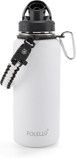 Folello 1000 ml Stainless Steel Water Bottle, Vacuum Insulated Flask with Strap to Carry, 24 Hours Hot &amp; Cold Water, 2 Lid...