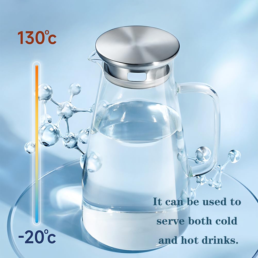 Jarra Agua Cristal con Tapa Jarra Agua Nevera para Té Helado Leche Jugo Bebida Uso Dual de Agua Caliente y Fría,1.4L