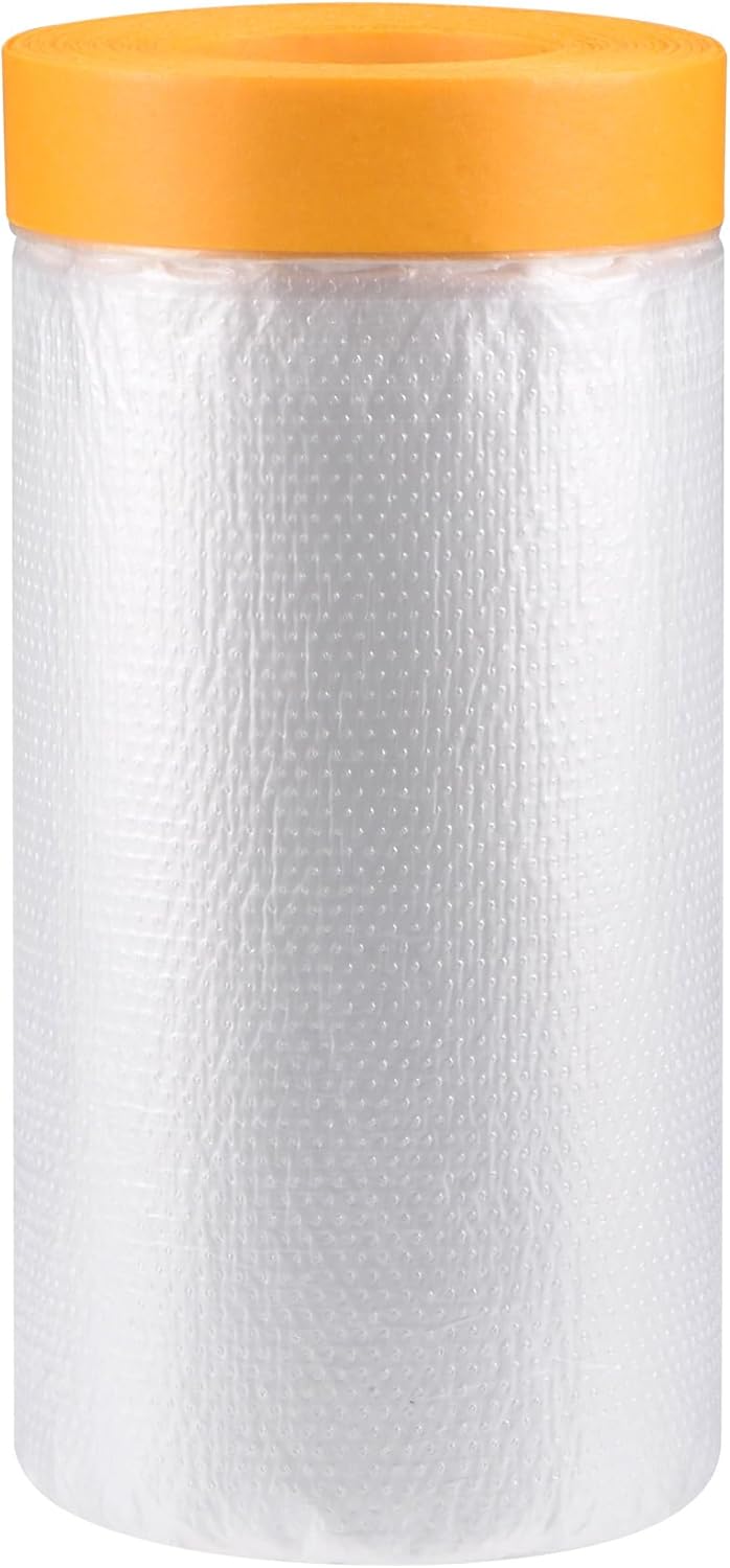 uxcell Pre-Taped Masking Film, 118.1 in x 65 Ft, Plastic Drop Cloth with Medium-Tack Painters Tape for Painting Protection