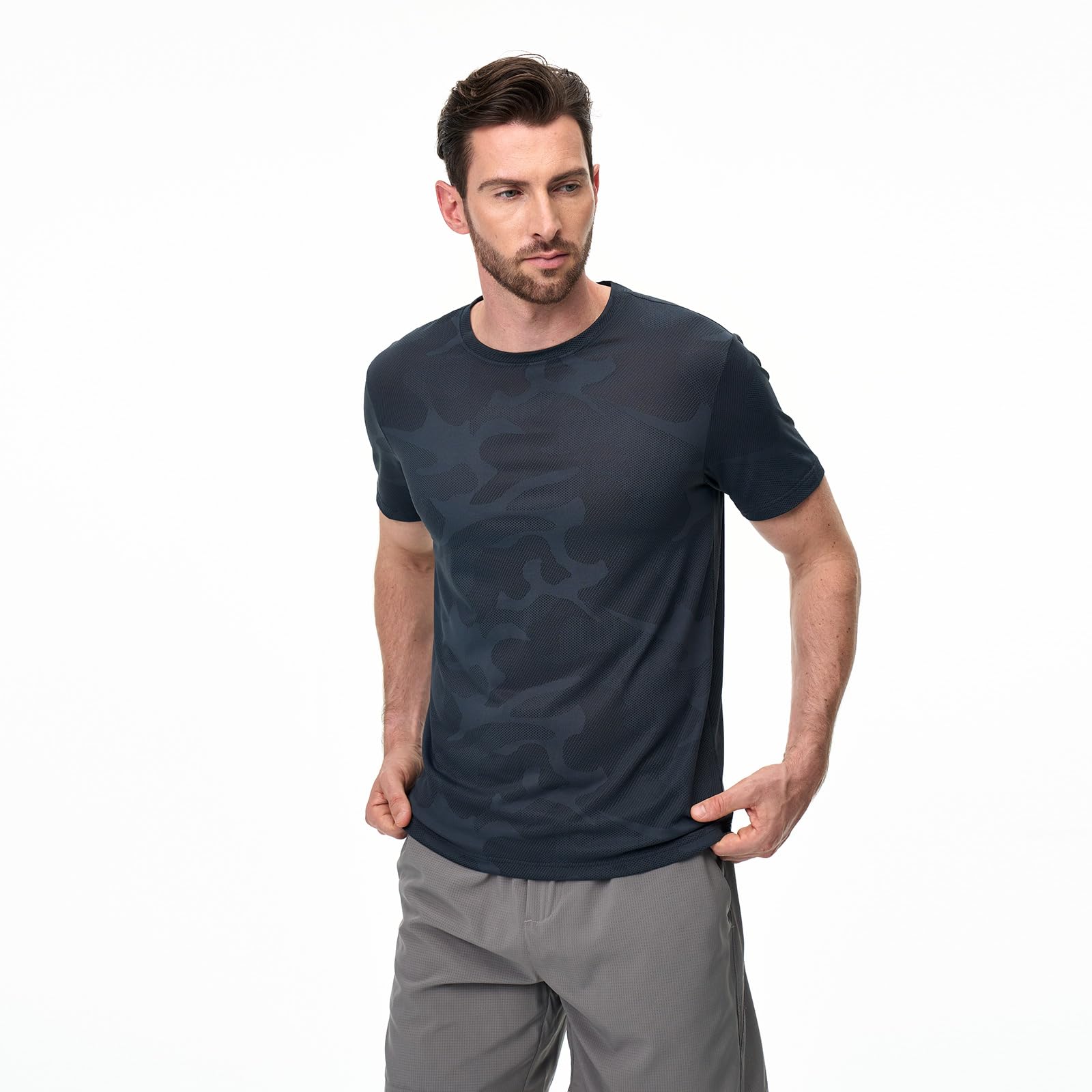 Superora Paquete de 3 camisetas deportivas para hombre, de secado rápido, para correr, entrenamiento, manga corta, malla transpirable con patrón de camuflaje jacquard — view 2