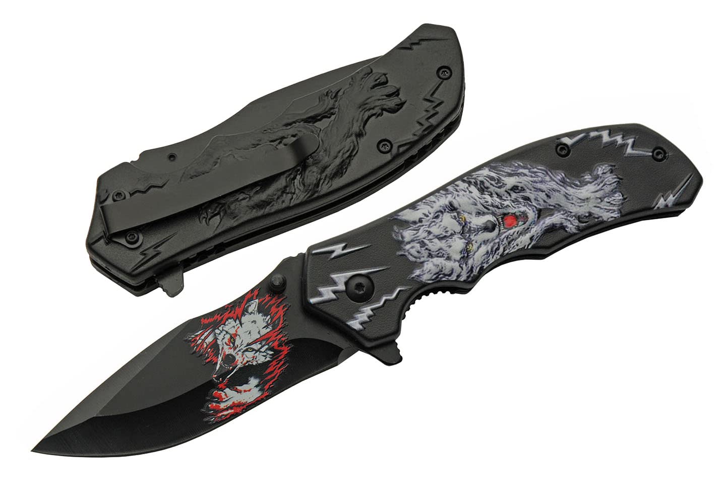 SZCO Supplies 8 White Wolf Decaled Liner Lock Folding Knife with Pocket Clip White Black 300548-WH