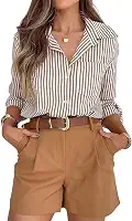 Camisa feminina listrada de botão de manga comprida para negócios, casual, trabalho de escritório com gola e bolso
