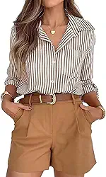 Camisa feminina listrada de botão de manga comprida para negócios, casual, trabalho de escritório com gola e bolso