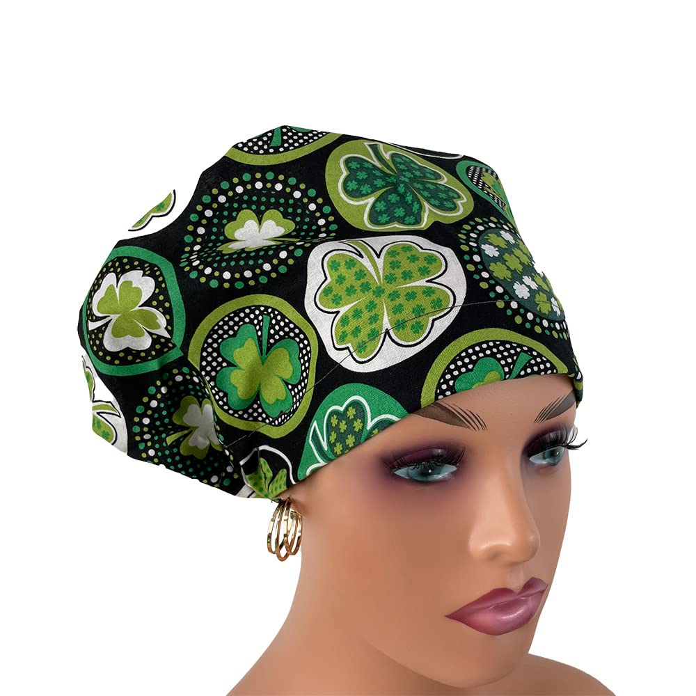 European Style Scrub Cap No Ribbon – Clovers and Dots - Scrub Hat for Women & Men tie Back | Working Cap with Holder. Bouffant, Scrub Hats for Women, Unisex Surgical Caps, Nurses Hats | Dr. Hats