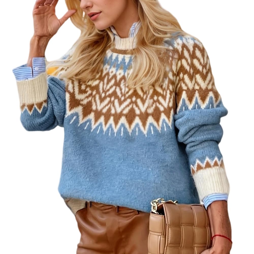 Womens Fall Vintage Fair Isle Sweater Casual Loose Long Sleeve Crewneck Knitted Pullover Sweater Tops
