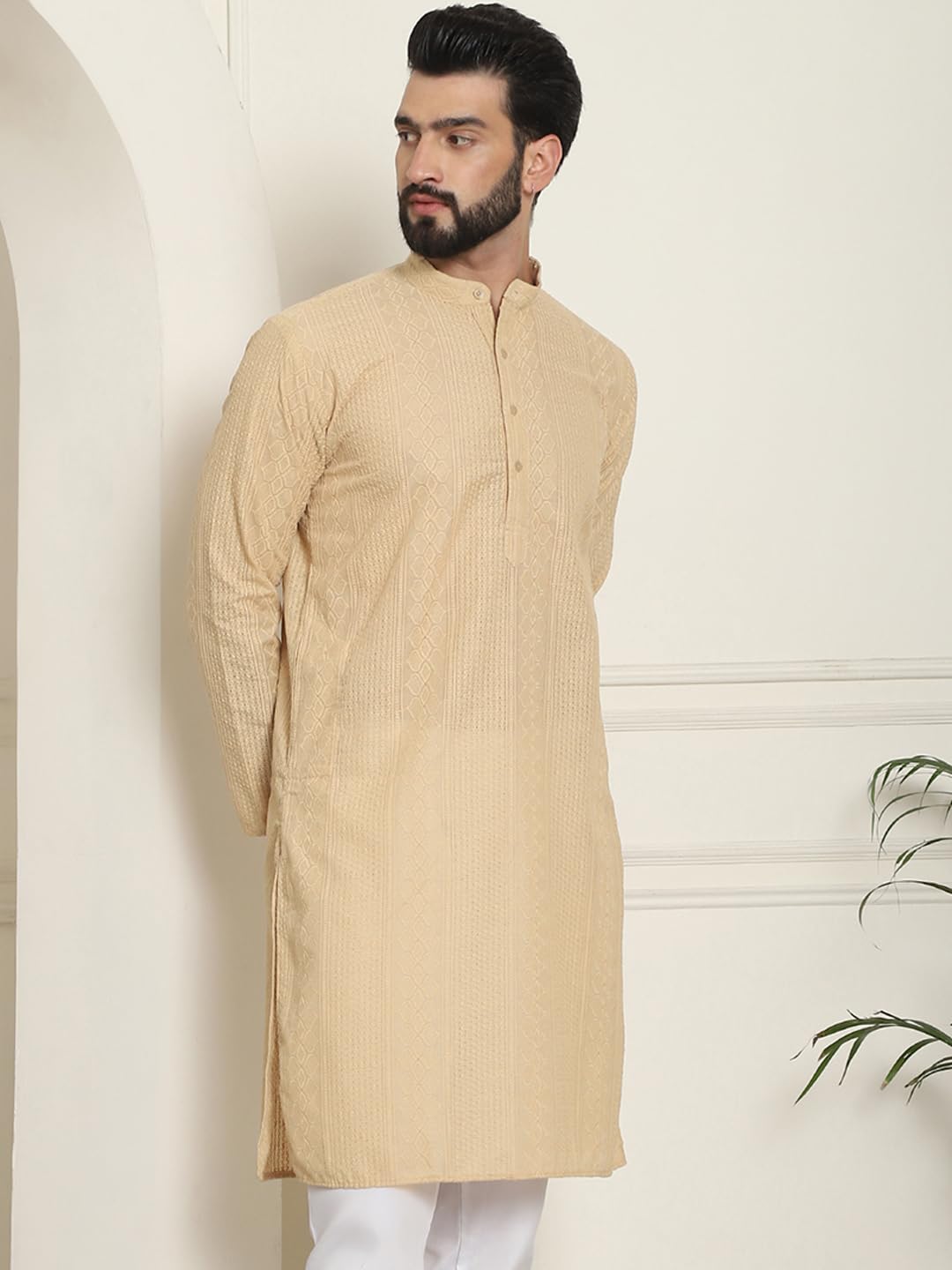Sojanya (Since 1958 Men's Cotton Thread Embroidered Beige Long Kurta