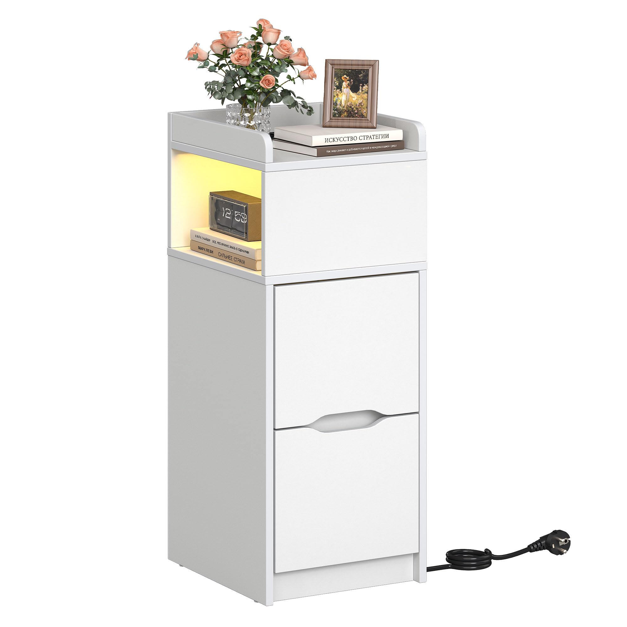 Quikraen Nachttisch Schmal mit Steckdose und LED, Weiß, 26.2x29.6x65 cm | mit 2 Schubladen, 1 offenes Fach, mit USB-/Typ-C sowie 2 wechselstromsteckdosen, 26.2x29.6x65 cm für Schlafzimmer