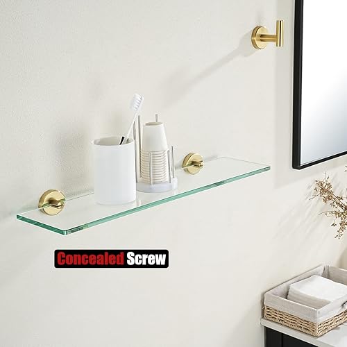 Miniatura 5 de JQK Estante de vidrio para baño dorado, almacenamiento de ducha de vidrio templado de 20 por 5 pulgadas, montaje de pared dorado cepillado de acero