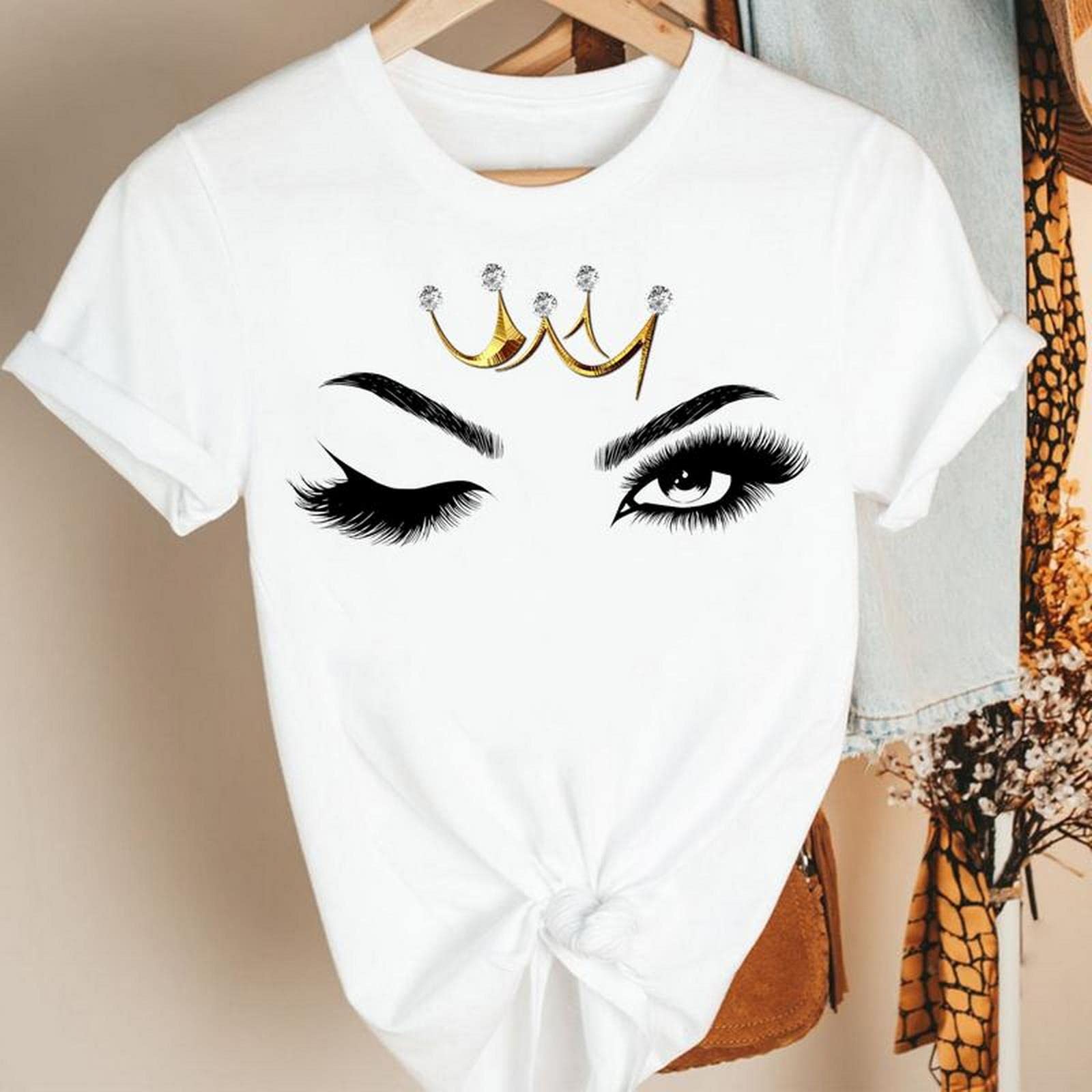 MOGSA T-shirt d'été à manches courtes pour femmes - Joli œil de cils - Dessin animé - 20, M