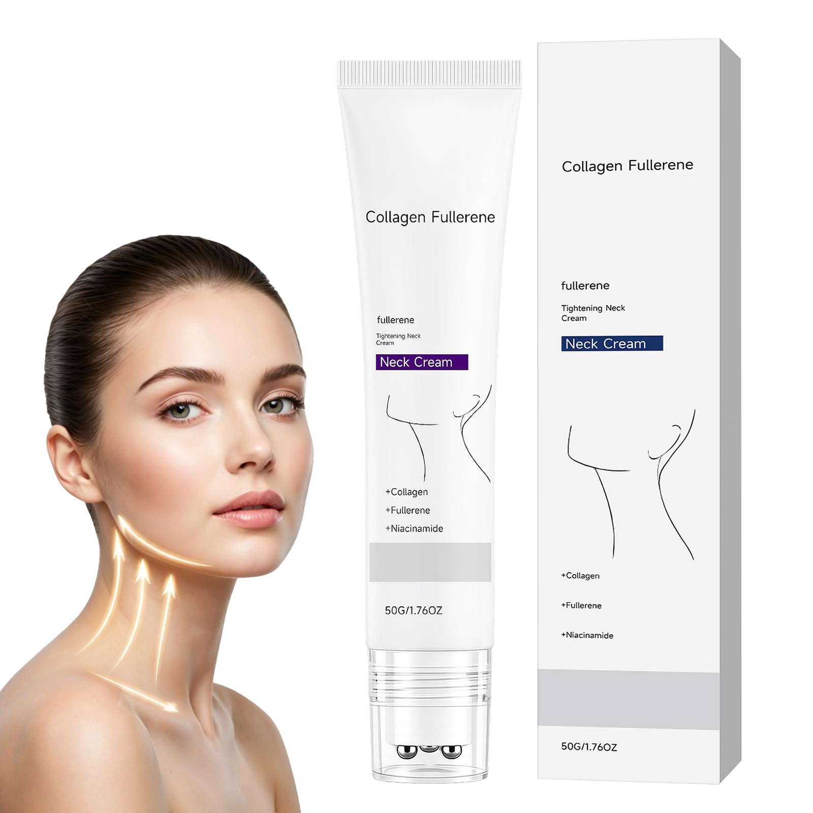 Magic Collagen Fullerene Neck Cream, 50 g Magic Collagene Fullerene Cream, Cura della pelle del collo con peptidi di collagene, formato roll-on, cura ad azione profonda, rassoda e tonifica la pelle