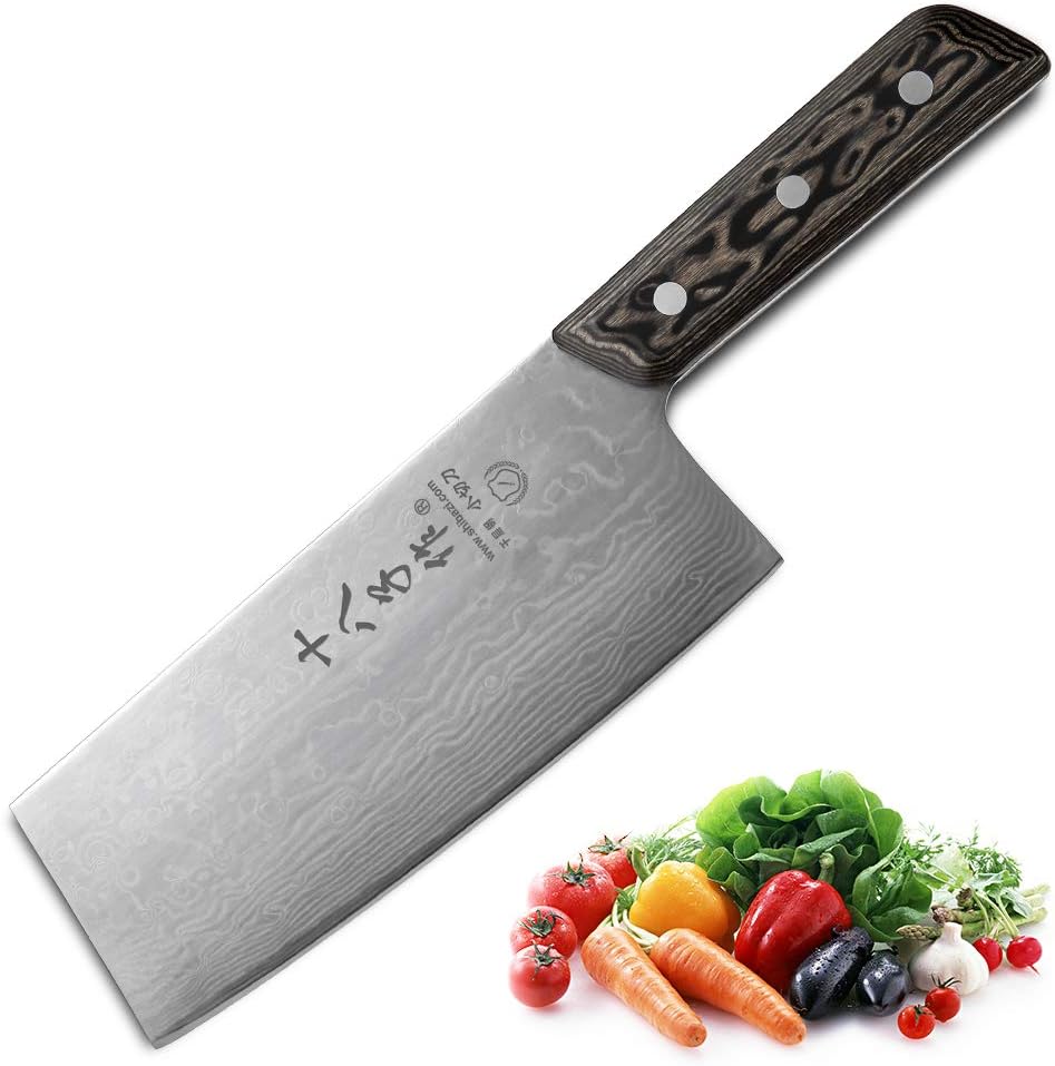 SHI BA ZI ZUO Chinese Meat Cleaver Vegetable Kitchen Cleaver Knife Superior Damascus Pattern Steel Knife with Ergonomic Design Comfortable Wooden Handle