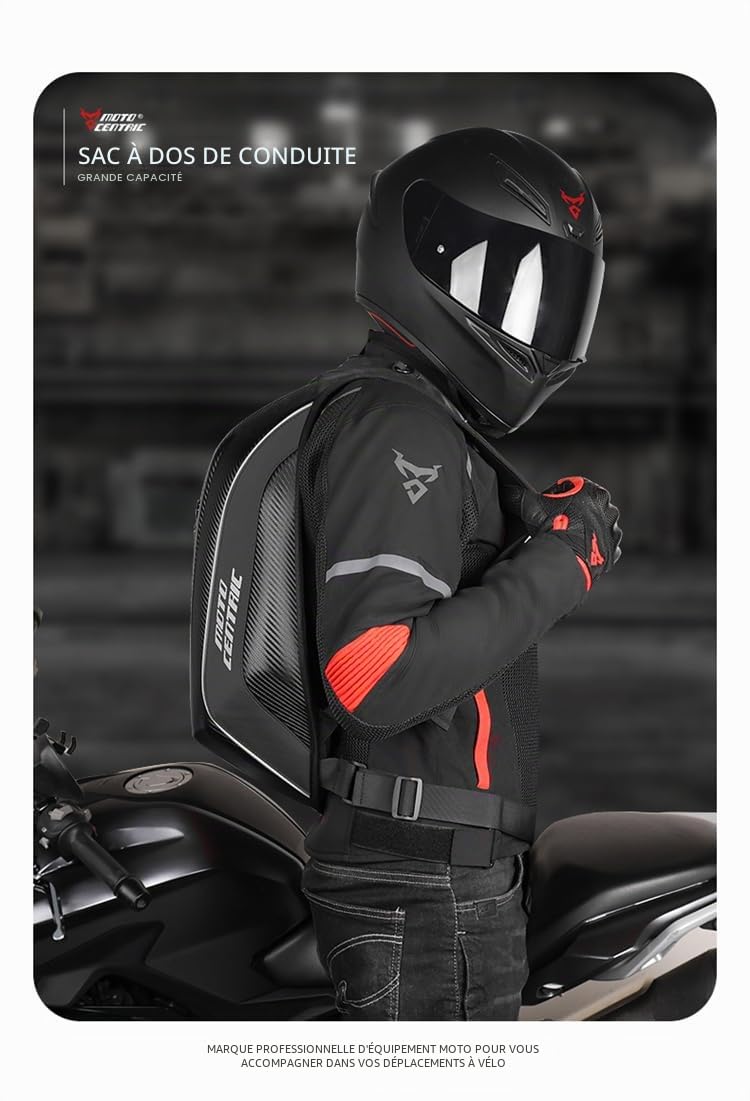 Sac à dos de moto 48 L étanche en fibre de carbone avec coque rigide réfléchissante