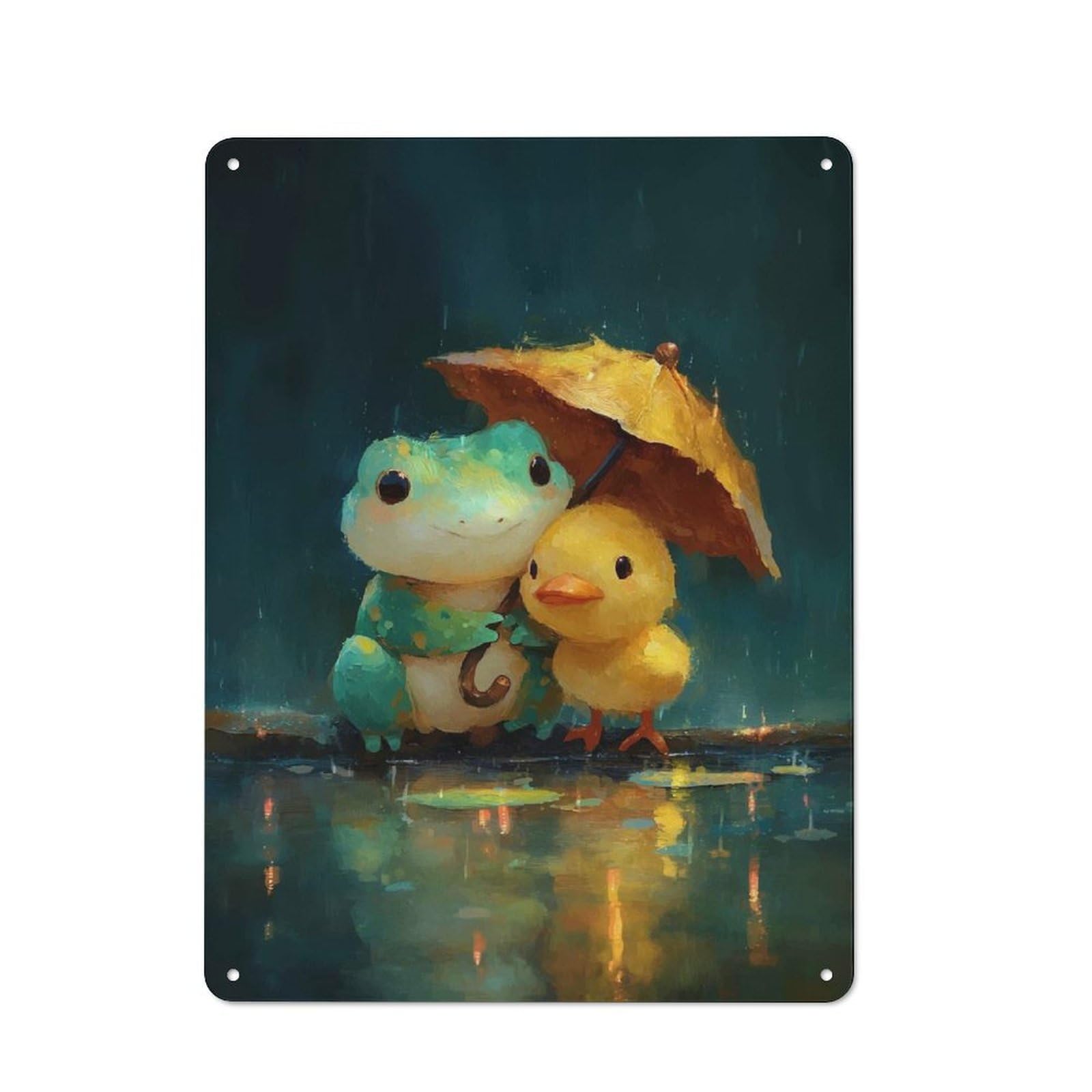 Junmoney Style-20 Frog And Duckling Under Umbrella In Rain Rustic Metal Sign 40X30cm, Country Vintage Country Wall Plaque For Cottage, Kitchen, Hallway Or Breakfast Nook