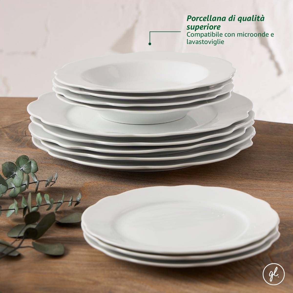 Geneviève Lethu 545865 - Servizio da tavola in porcellana bianca, 18 pezzi, per 6 persone, piatti piani, piatti fondi, piatti da dessert, collezione Vienna alla forma smerlata